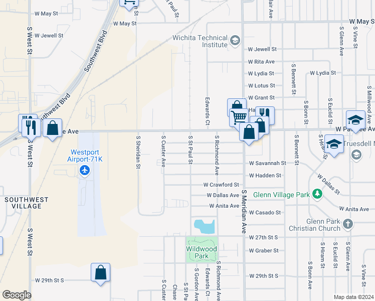 map of restaurants, bars, coffee shops, grocery stores, and more near 2902 West Maxwell Avenue in Wichita