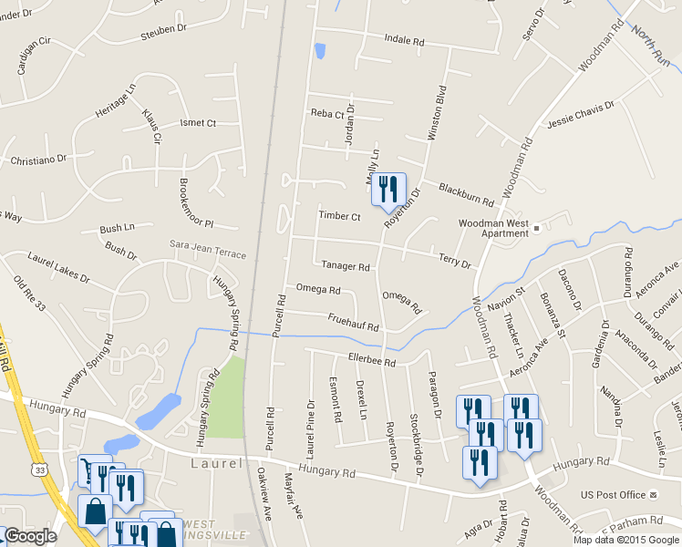 map of restaurants, bars, coffee shops, grocery stores, and more near 2711 Tanager Road in Henrico