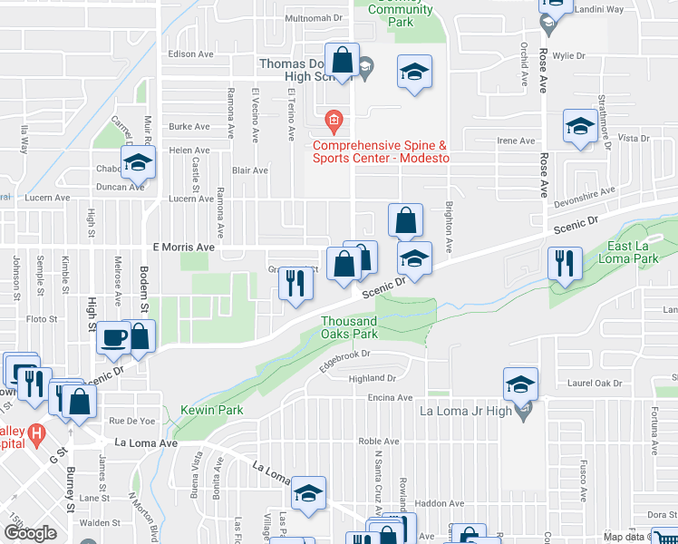 map of restaurants, bars, coffee shops, grocery stores, and more near 1218 Grantland Court in Modesto