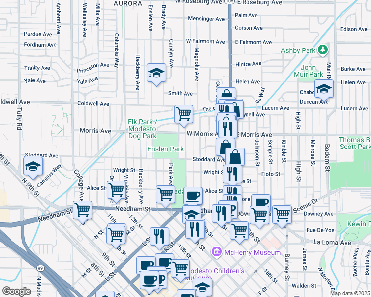 map of restaurants, bars, coffee shops, grocery stores, and more near 418 Sycamore Avenue in Modesto
