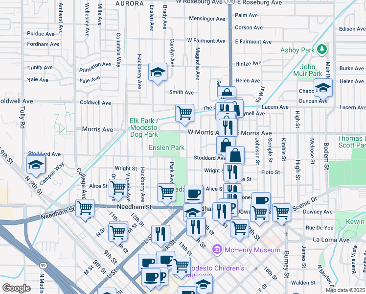 map of restaurants, bars, coffee shops, grocery stores, and more near 418 Sycamore Avenue in Modesto