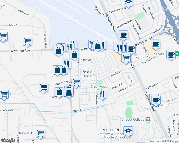 map of restaurants, bars, coffee shops, grocery stores, and more near 1511 Sylvia Street in Hayward
