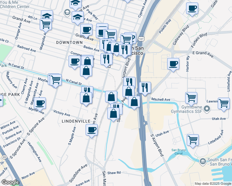 map of restaurants, bars, coffee shops, grocery stores, and more near in South San Francisco