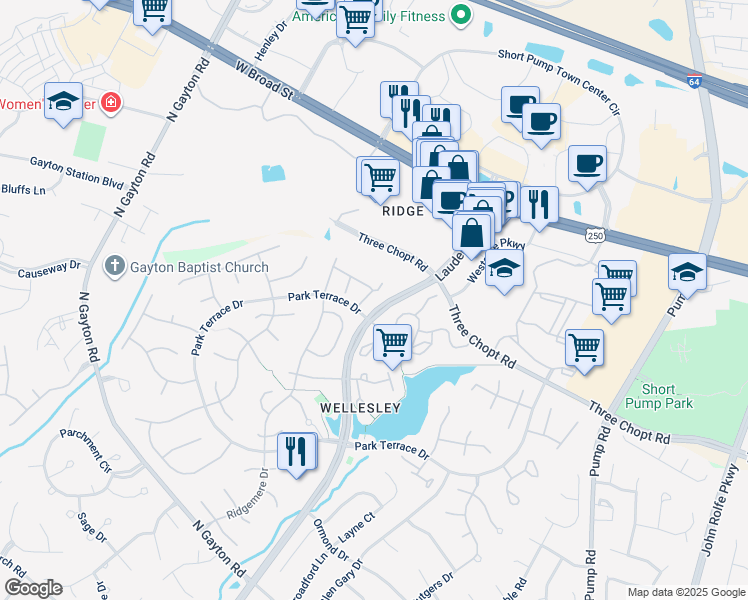 map of restaurants, bars, coffee shops, grocery stores, and more near 12010 Foxfield Circle in Richmond