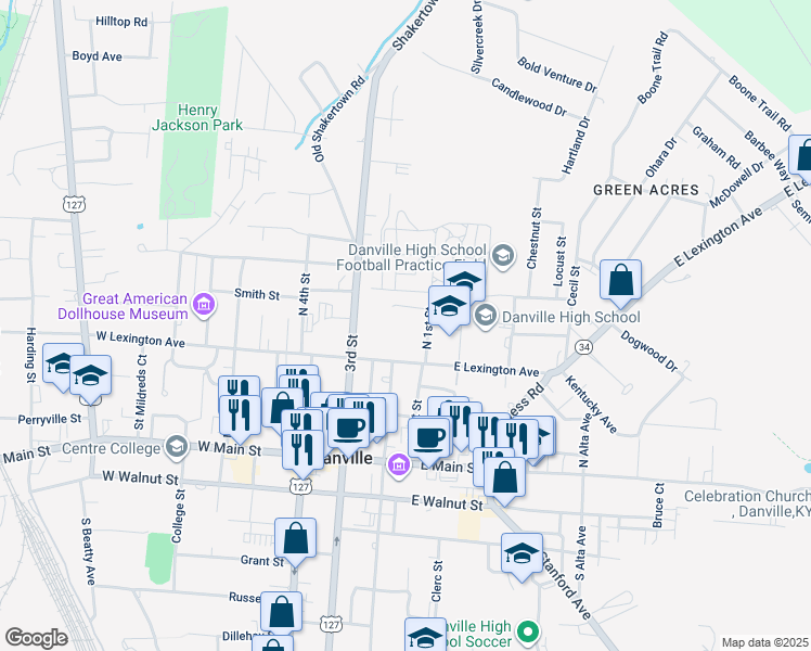 map of restaurants, bars, coffee shops, grocery stores, and more near in Danville