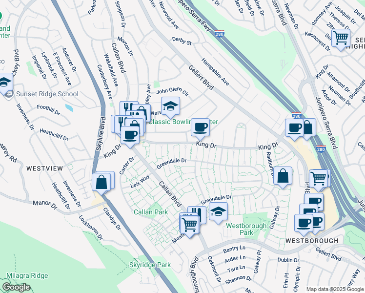 map of restaurants, bars, coffee shops, grocery stores, and more near 3973 Savannah Court in South San Francisco