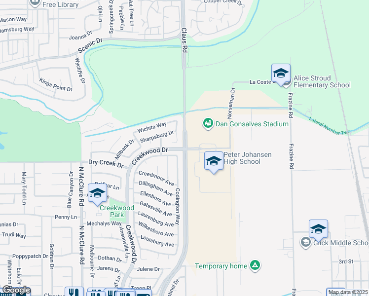 map of restaurants, bars, coffee shops, grocery stores, and more near Claus Road & Creekwood Drive in Modesto