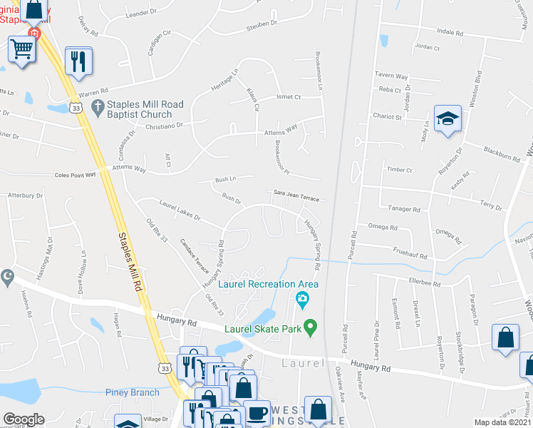 map of restaurants, bars, coffee shops, grocery stores, and more near 9511 Kimberly Lynn Circle in Glen Allen