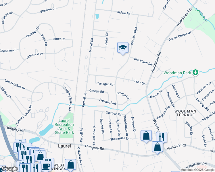 map of restaurants, bars, coffee shops, grocery stores, and more near 2707 Tanager Road in Richmond