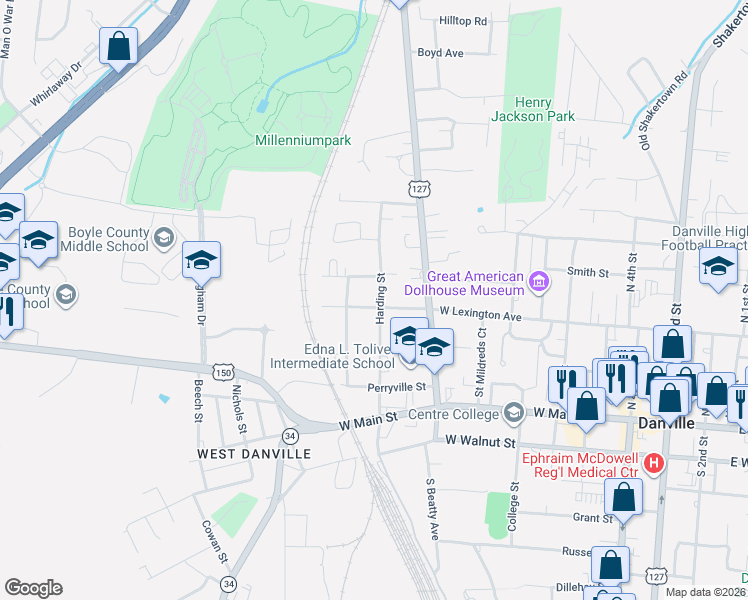 map of restaurants, bars, coffee shops, grocery stores, and more near 951 West Lexington Avenue in Danville