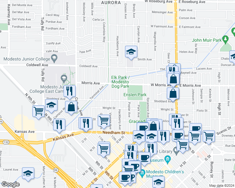 map of restaurants, bars, coffee shops, grocery stores, and more near 417 Hackberry Avenue in Modesto