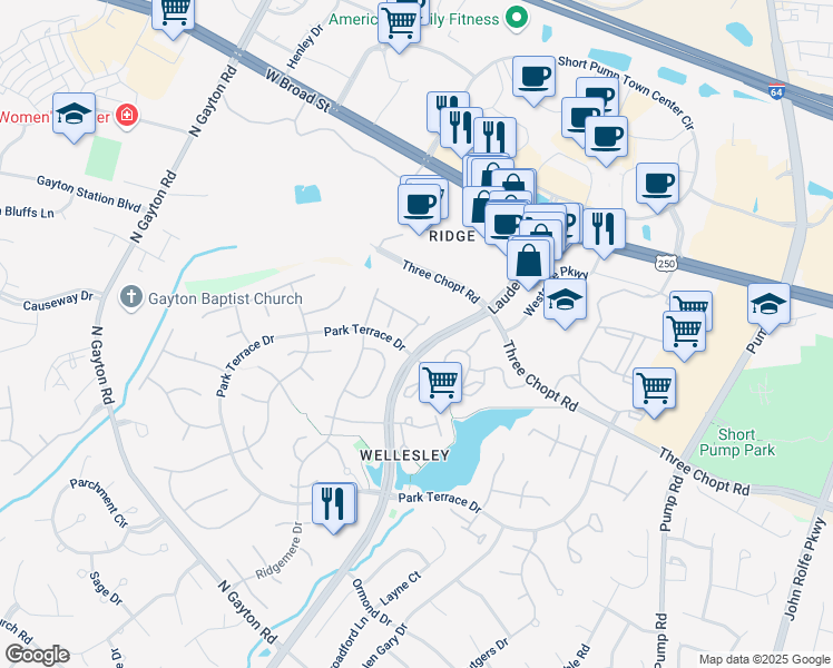 map of restaurants, bars, coffee shops, grocery stores, and more near 12008 Foxfield Circle in Henrico