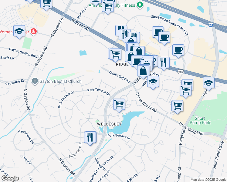 map of restaurants, bars, coffee shops, grocery stores, and more near 12010 Foxfield Circle in Richmond