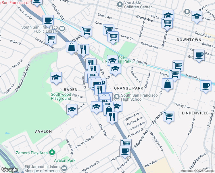 map of restaurants, bars, coffee shops, grocery stores, and more near 348 B Street in South San Francisco