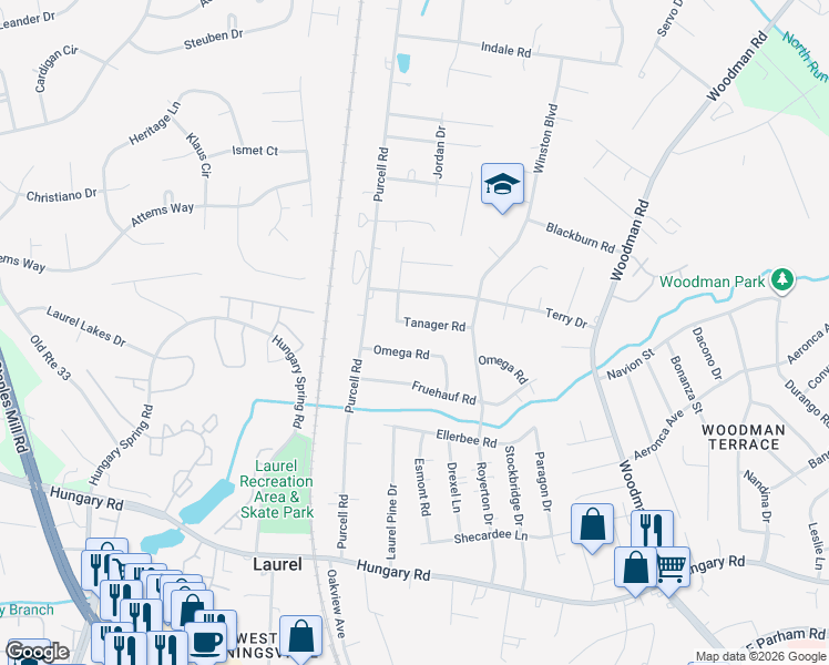 map of restaurants, bars, coffee shops, grocery stores, and more near 2715 Tanager Rd in Richmond
