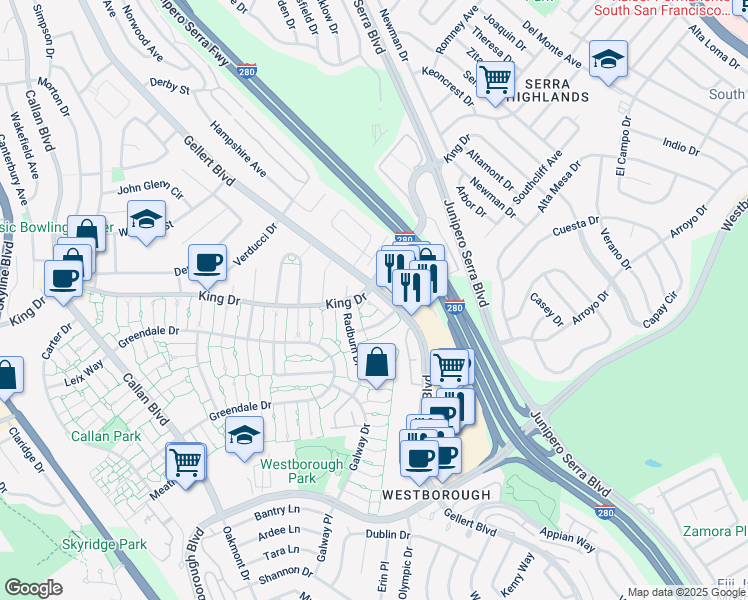map of restaurants, bars, coffee shops, grocery stores, and more near 3838 Annapolis Court in South San Francisco