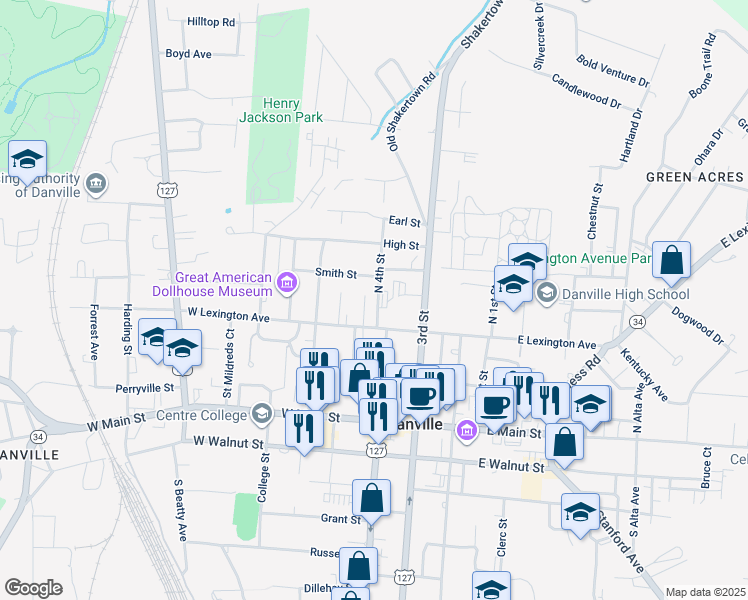 map of restaurants, bars, coffee shops, grocery stores, and more near 317 North 4th Street in Danville