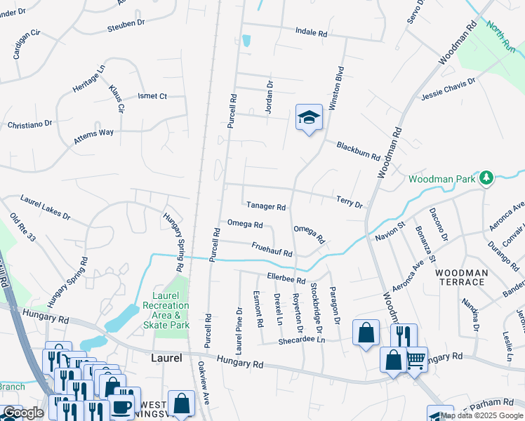 map of restaurants, bars, coffee shops, grocery stores, and more near 2711 Tanager Road in Henrico