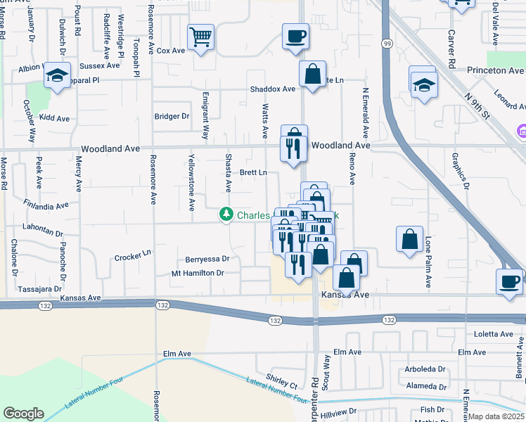map of restaurants, bars, coffee shops, grocery stores, and more near 1109 Diablo Avenue in Modesto