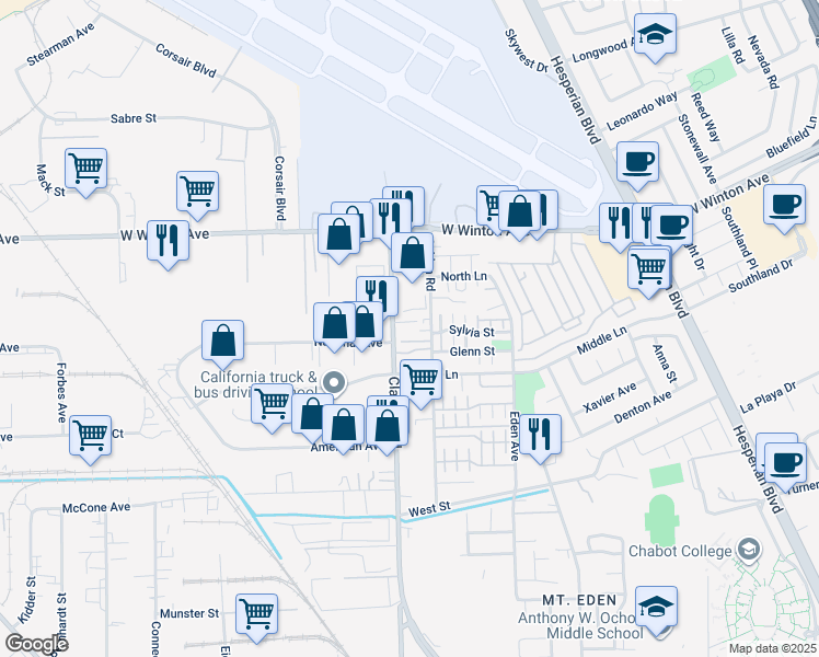 map of restaurants, bars, coffee shops, grocery stores, and more near 23144 Clawiter Road in Hayward
