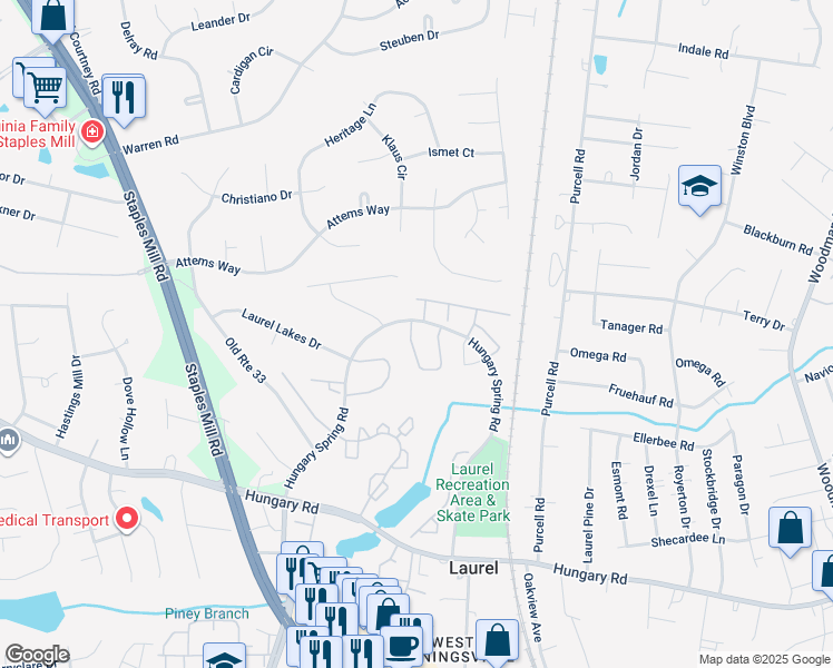 map of restaurants, bars, coffee shops, grocery stores, and more near 9509 Kimberly Lynn Circle in Glen Allen