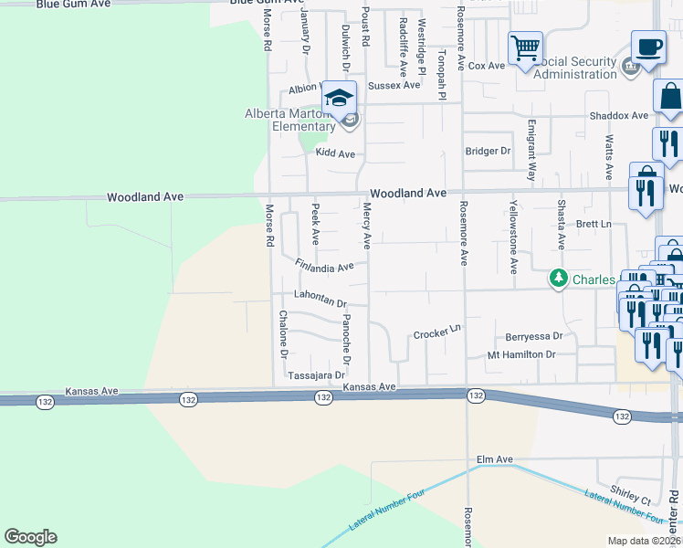map of restaurants, bars, coffee shops, grocery stores, and more near 2700 Finlandia Avenue in Modesto