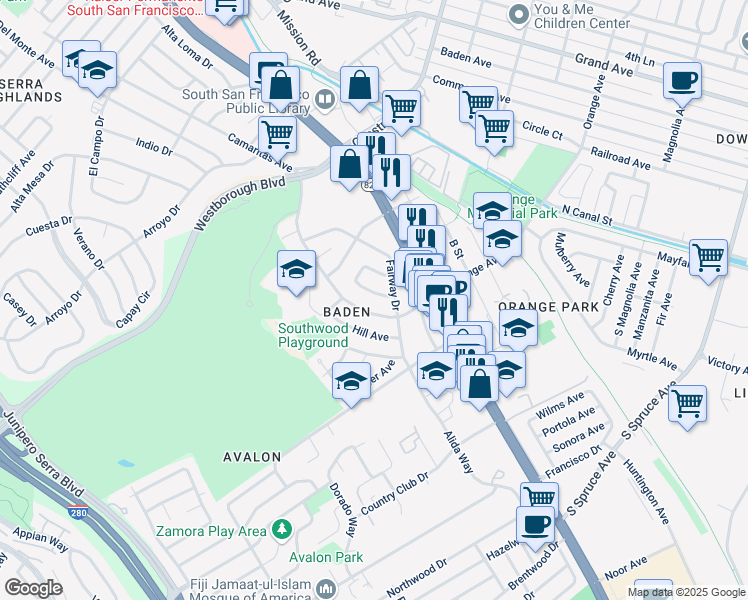 map of restaurants, bars, coffee shops, grocery stores, and more near 110 Knoll Circle in South San Francisco