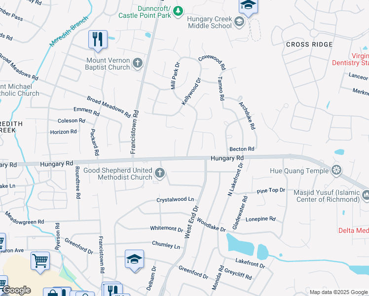 map of restaurants, bars, coffee shops, grocery stores, and more near 4604 Mill Park Drive in Glen Allen