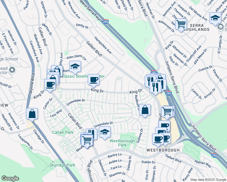 map of restaurants, bars, coffee shops, grocery stores, and more near 98 Camelot Court in Daly City