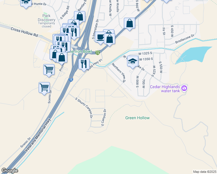 map of restaurants, bars, coffee shops, grocery stores, and more near Northern View Drive in Cedar City