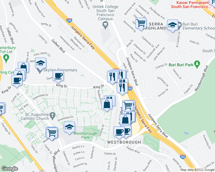 map of restaurants, bars, coffee shops, grocery stores, and more near 3838 Annapolis Court in South San Francisco