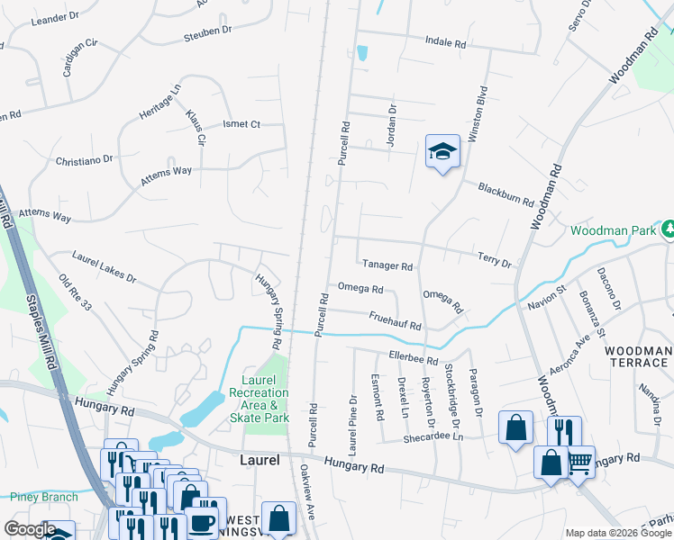 map of restaurants, bars, coffee shops, grocery stores, and more near 10003 Purcell Road in Richmond
