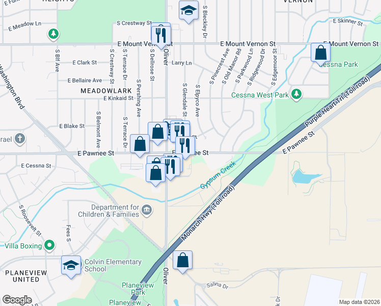 map of restaurants, bars, coffee shops, grocery stores, and more near 2414 South Glendale Street in Wichita