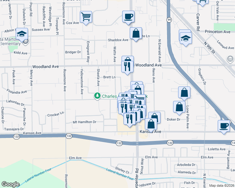 map of restaurants, bars, coffee shops, grocery stores, and more near 1109 Diablo Avenue in Modesto
