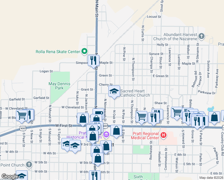 map of restaurants, bars, coffee shops, grocery stores, and more near 400-406 North Ninnescah Street in Pratt