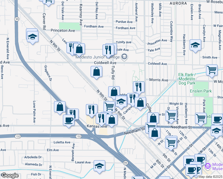 map of restaurants, bars, coffee shops, grocery stores, and more near 419 Tully Road in Modesto