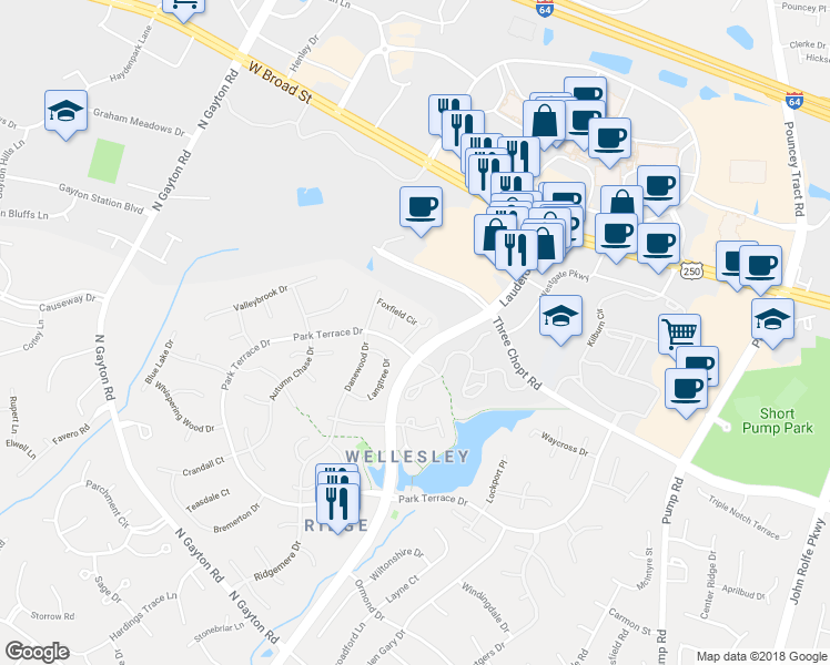 map of restaurants, bars, coffee shops, grocery stores, and more near 12008 Foxfield Circle in Henrico