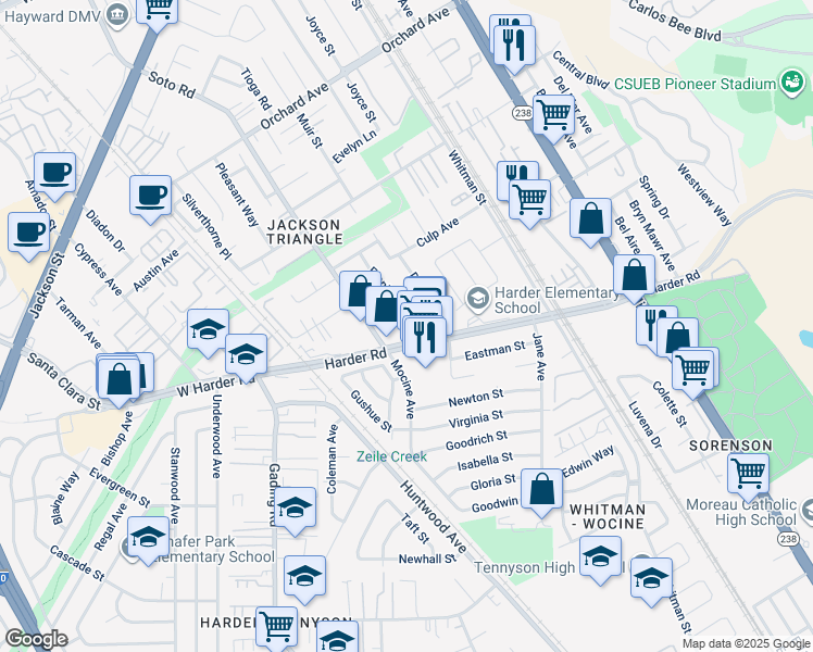 map of restaurants, bars, coffee shops, grocery stores, and more near 25797 Franklin Avenue in Hayward