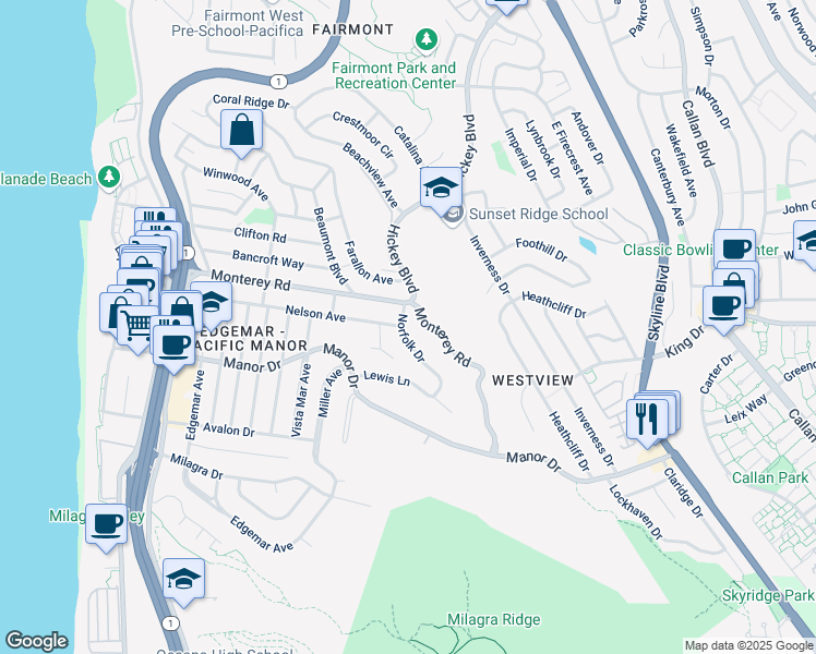 map of restaurants, bars, coffee shops, grocery stores, and more near 355 Norfolk Drive in Pacifica
