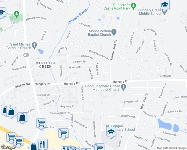 map of restaurants, bars, coffee shops, grocery stores, and more near 4609 Packard Road in Glen Allen