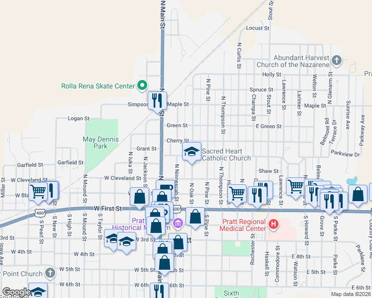 map of restaurants, bars, coffee shops, grocery stores, and more near 400 North Ninnescah Street in Pratt