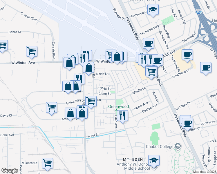 map of restaurants, bars, coffee shops, grocery stores, and more near 1513 Sylvia Street in Hayward