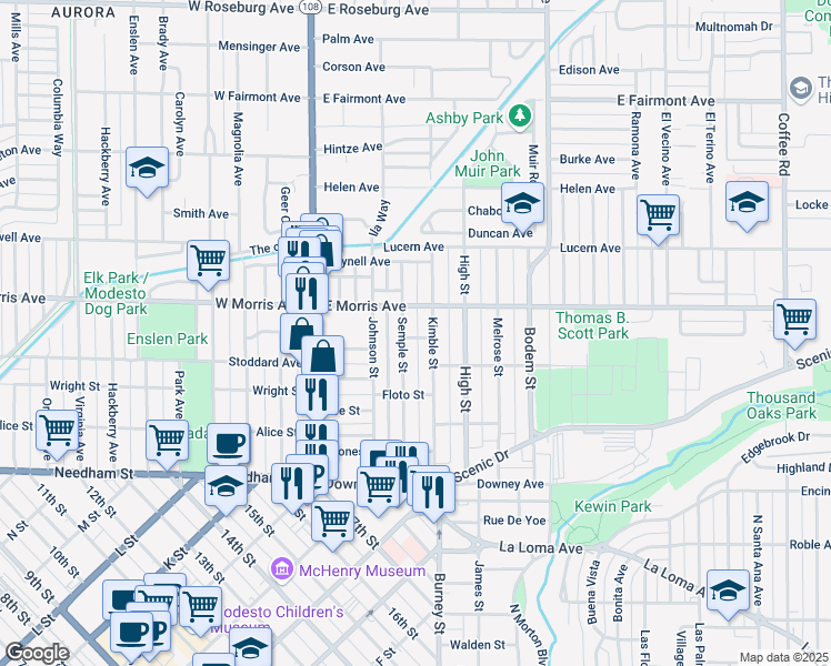 map of restaurants, bars, coffee shops, grocery stores, and more near 311 Davis Street in Modesto