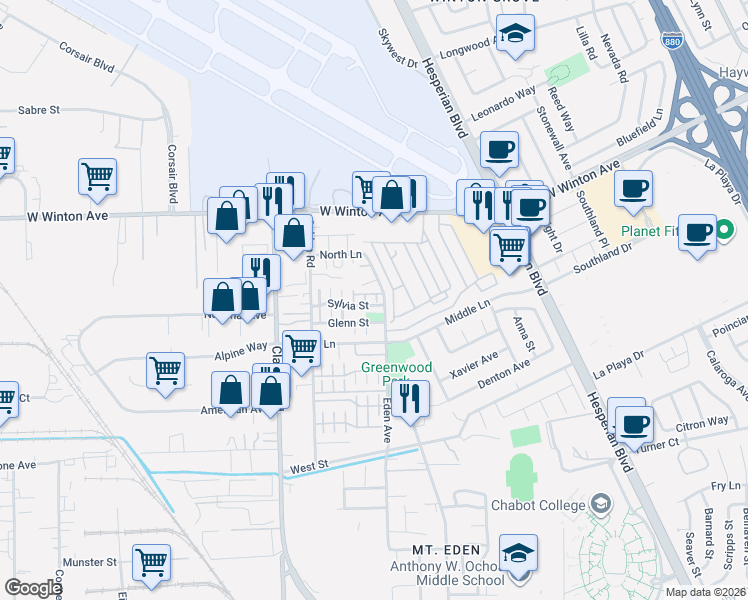map of restaurants, bars, coffee shops, grocery stores, and more near 1505 Sylvia Street in Hayward