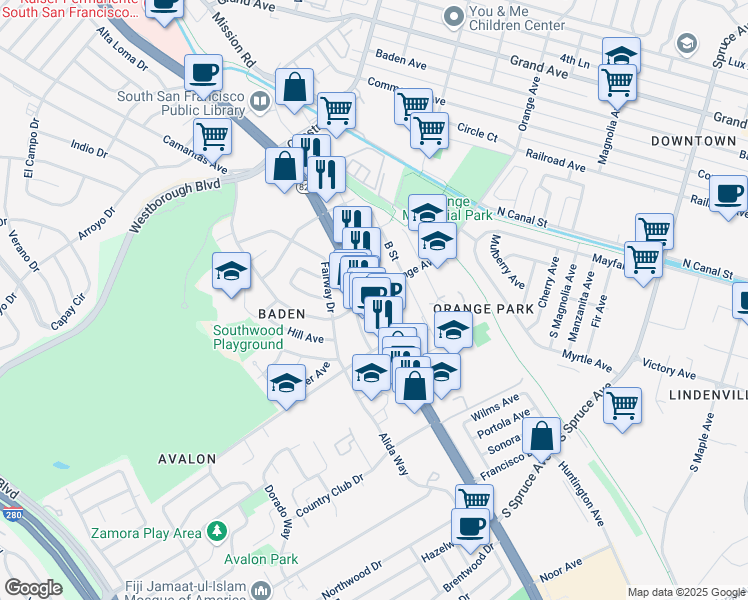 map of restaurants, bars, coffee shops, grocery stores, and more near 698 El Camino Real in South San Francisco