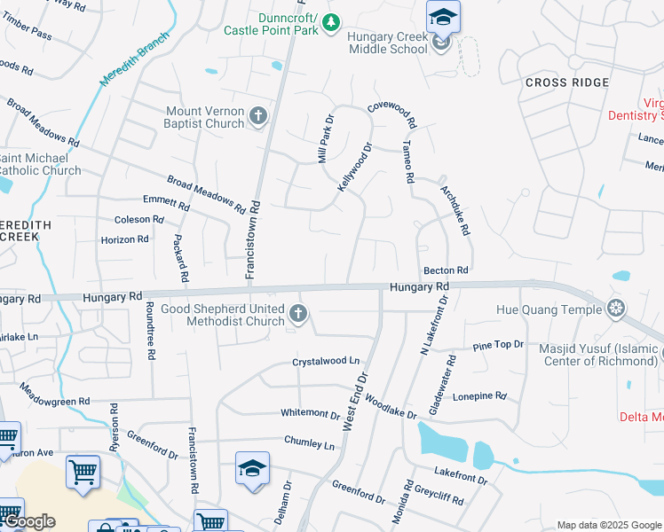 map of restaurants, bars, coffee shops, grocery stores, and more near 4604 Mill Park Drive in Glen Allen