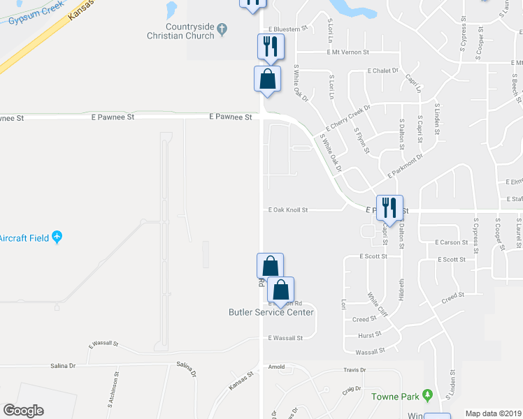 map of restaurants, bars, coffee shops, grocery stores, and more near South Rock Road in Wichita