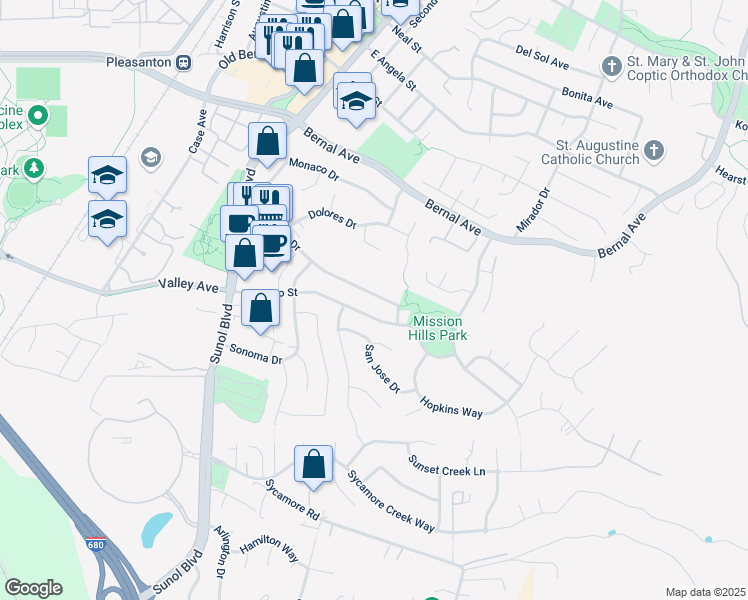 map of restaurants, bars, coffee shops, grocery stores, and more near 465 Mission Drive in Pleasanton