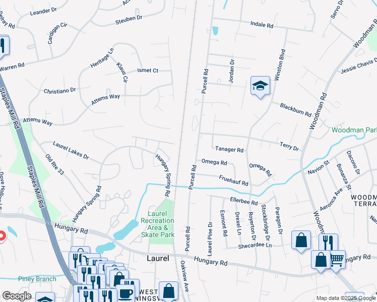 map of restaurants, bars, coffee shops, grocery stores, and more near 10014 Purcell Road in Richmond
