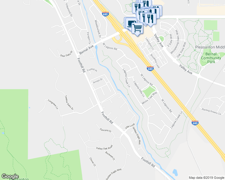 map of restaurants, bars, coffee shops, grocery stores, and more near 2137 Arroyo Court in Pleasanton